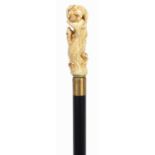 Ebonised walking stick with bone handle carved with rats, 100cm in length