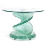 Contemporary glass occasional table with spiral staircase design column, 41cm high x 60cm in