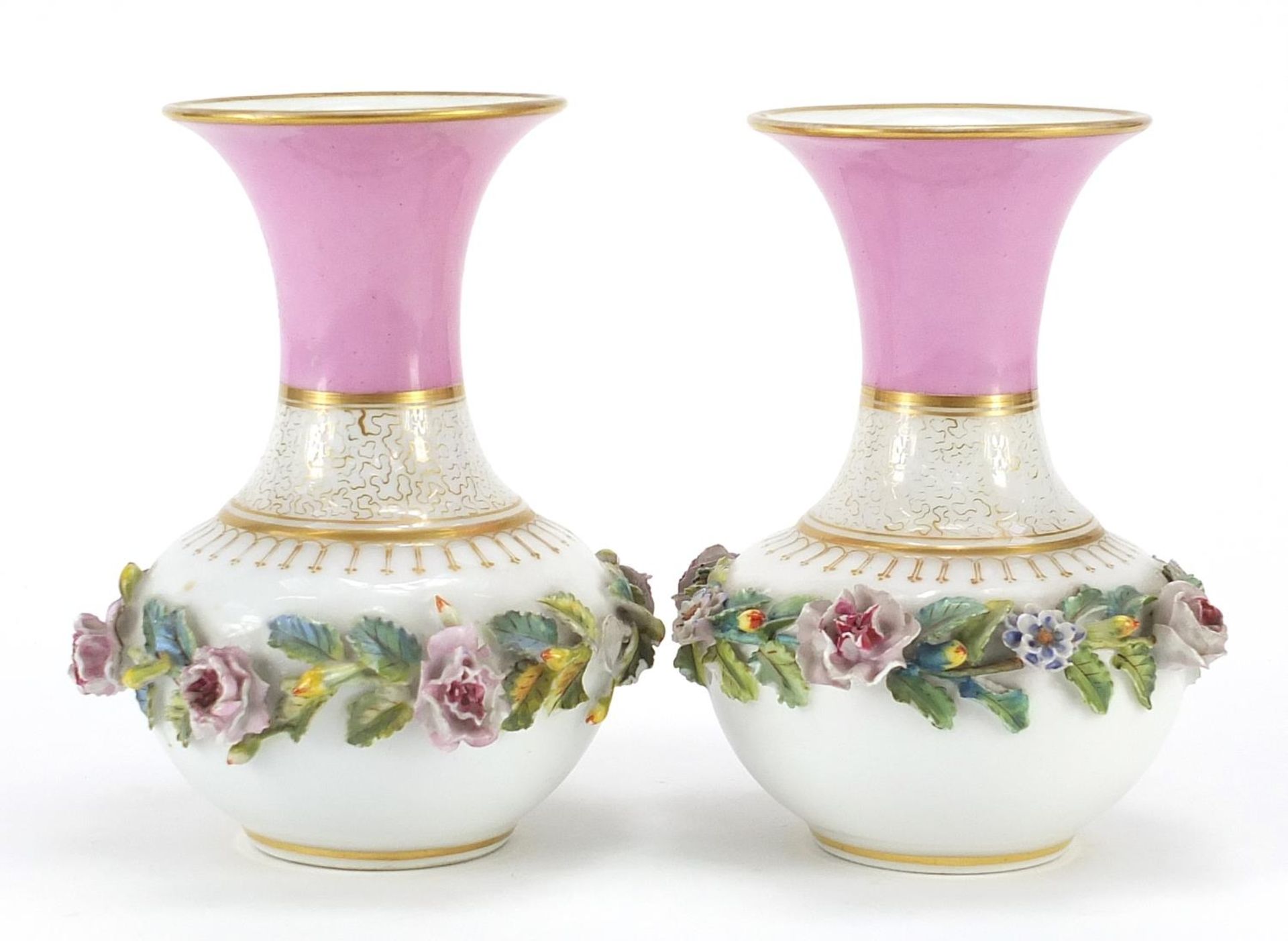 Pair of 19th century French pink ground vases with floral encrusted band, each 16cm high