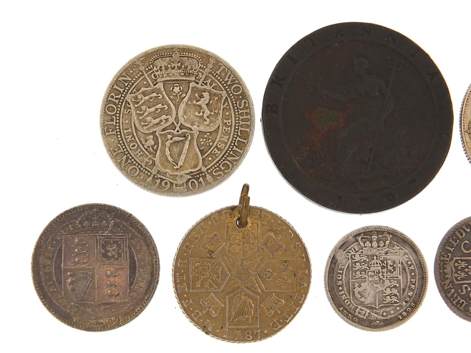 George III and later silver and copper coinage including 1787 shilling and 1723 sixpence, 73.g - Image 2 of 6