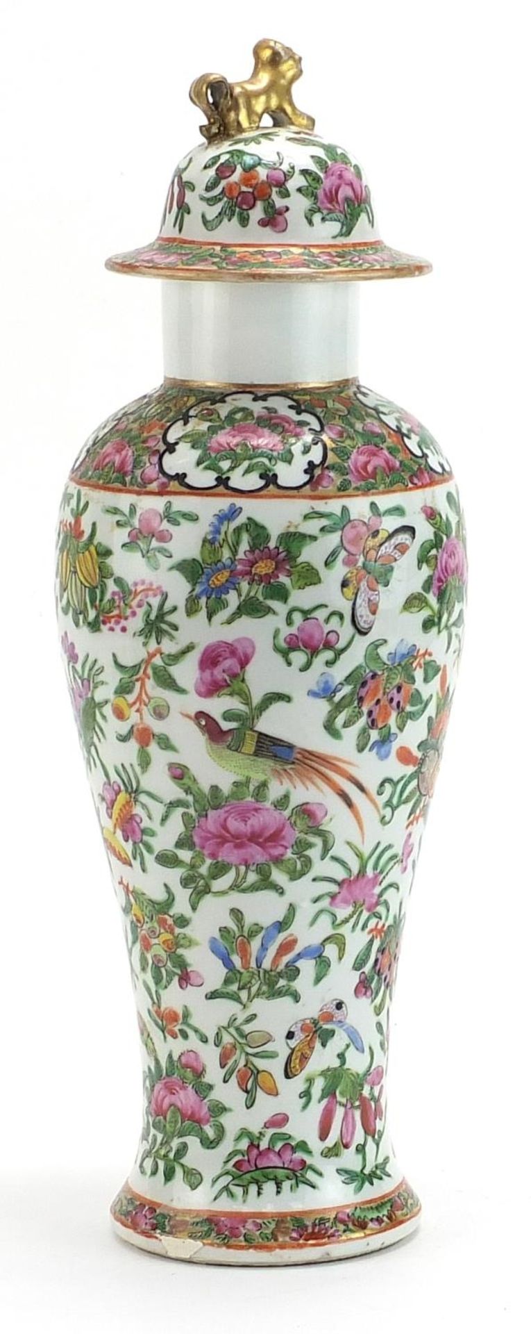 Chinese Canton porcelain baluster vase and cover hand painted in the famille palette with birds - Bild 2 aus 3