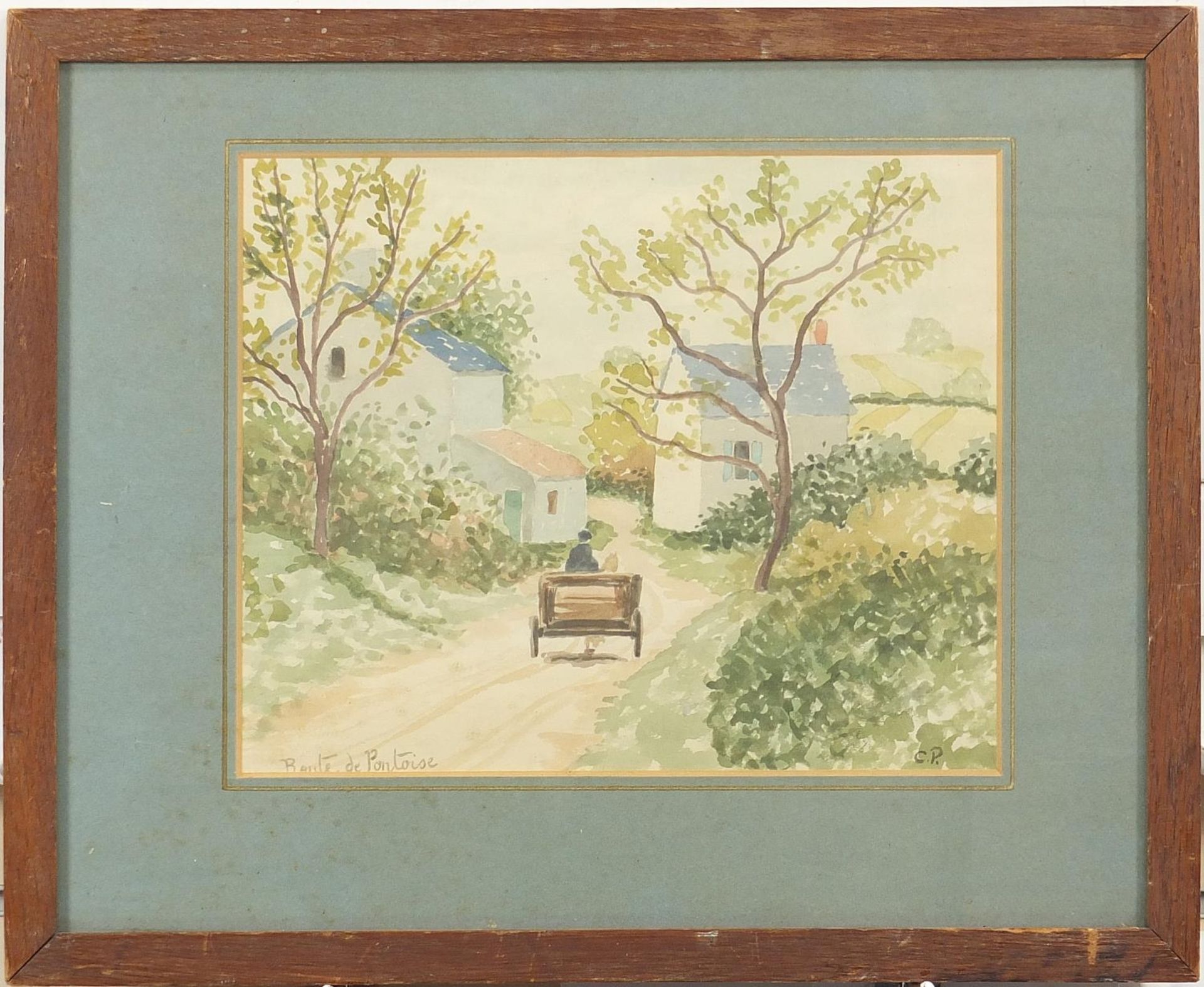 Horse and cart on a path, French school watercolour, chalk marks and The Rowley Gallery label verso, - Image 2 of 6