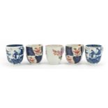 Five 18th century English porcelain coffee cups including Worcester Fisherman pattern, each