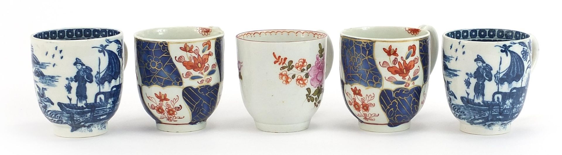 Five 18th century English porcelain coffee cups including Worcester Fisherman pattern, each