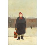 Janet Ledger - Woman with stitched bag, Modern British oil on board, inscribed verso, mounted and