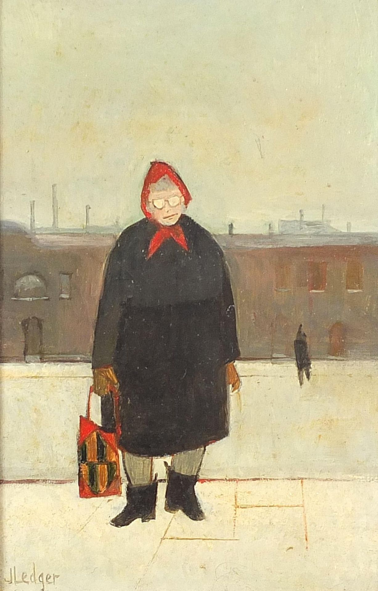 Janet Ledger - Woman with stitched bag, Modern British oil on board, inscribed verso, mounted and