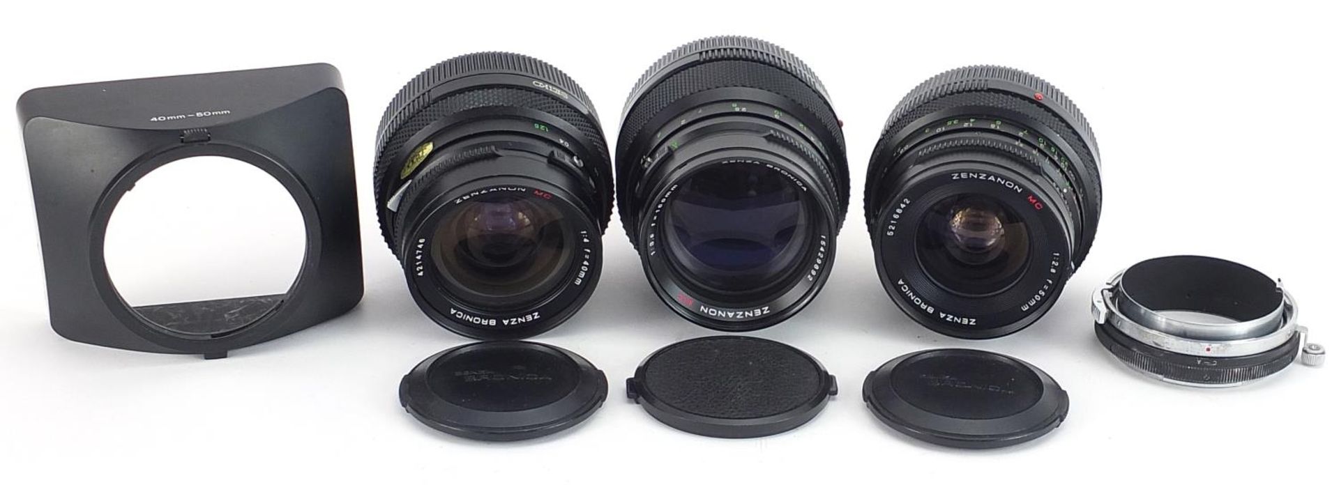 Three Zenza Bronica camera lenses and parts comprising 150mm, 40mm and 50mm