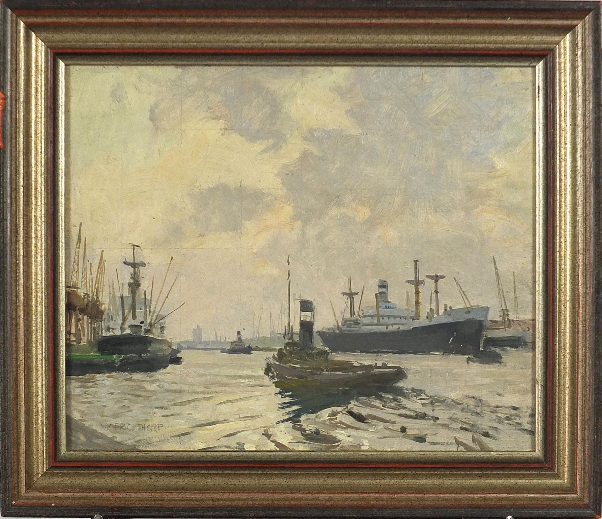 William Eric Thorp - Boats on the River Thames, Modern British oil on board, W Frank Gadsby, - Bild 2 aus 5