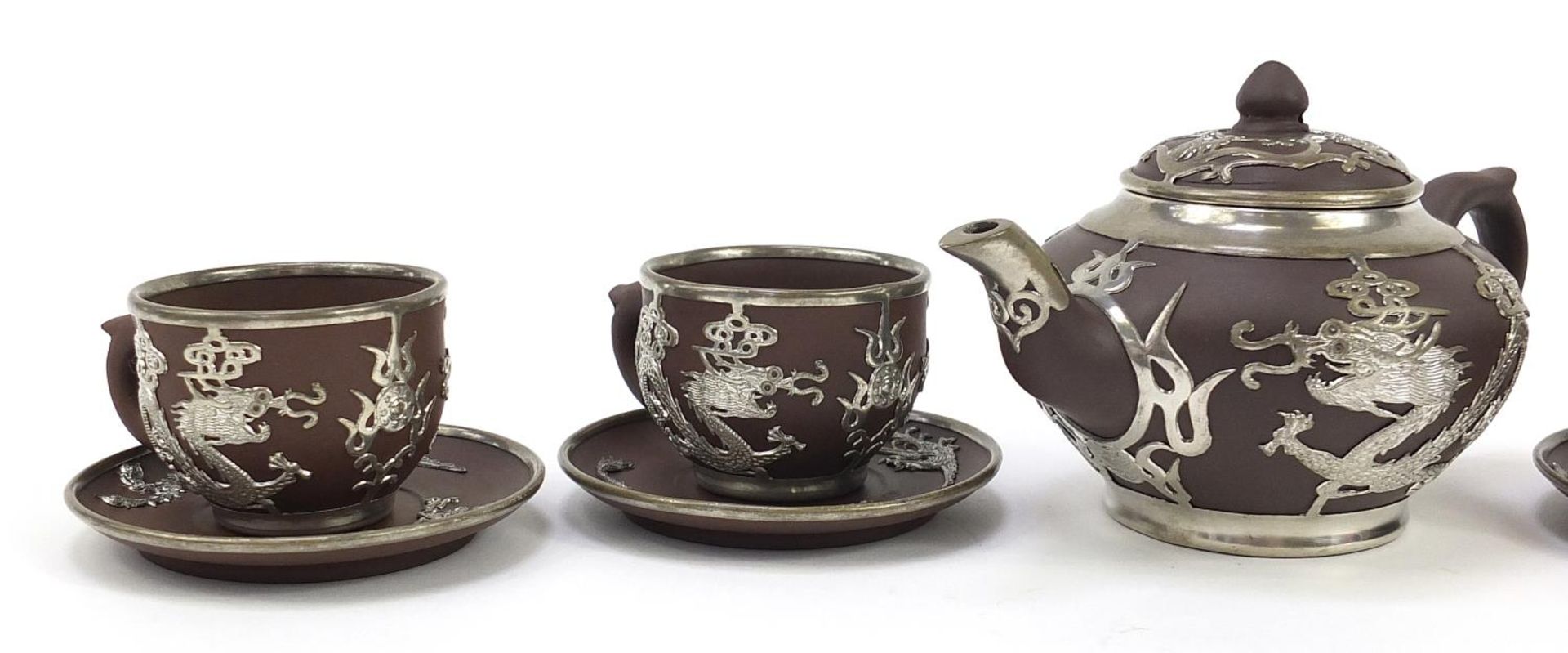 Chinese Yixing terracotta four place tea service with pewter dragon design overlay, various - Image 2 of 7