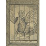 Two birds in a cage, French pencil and charcoal, bearing a label verso, mounted, framed and