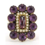 Antique gold amethyst and seed pearl ring, indistinct marks to the back of the ring head, (tests