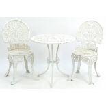 White painted aluminium garden table and two chairs, the table 61cm high x 60cm in diameter