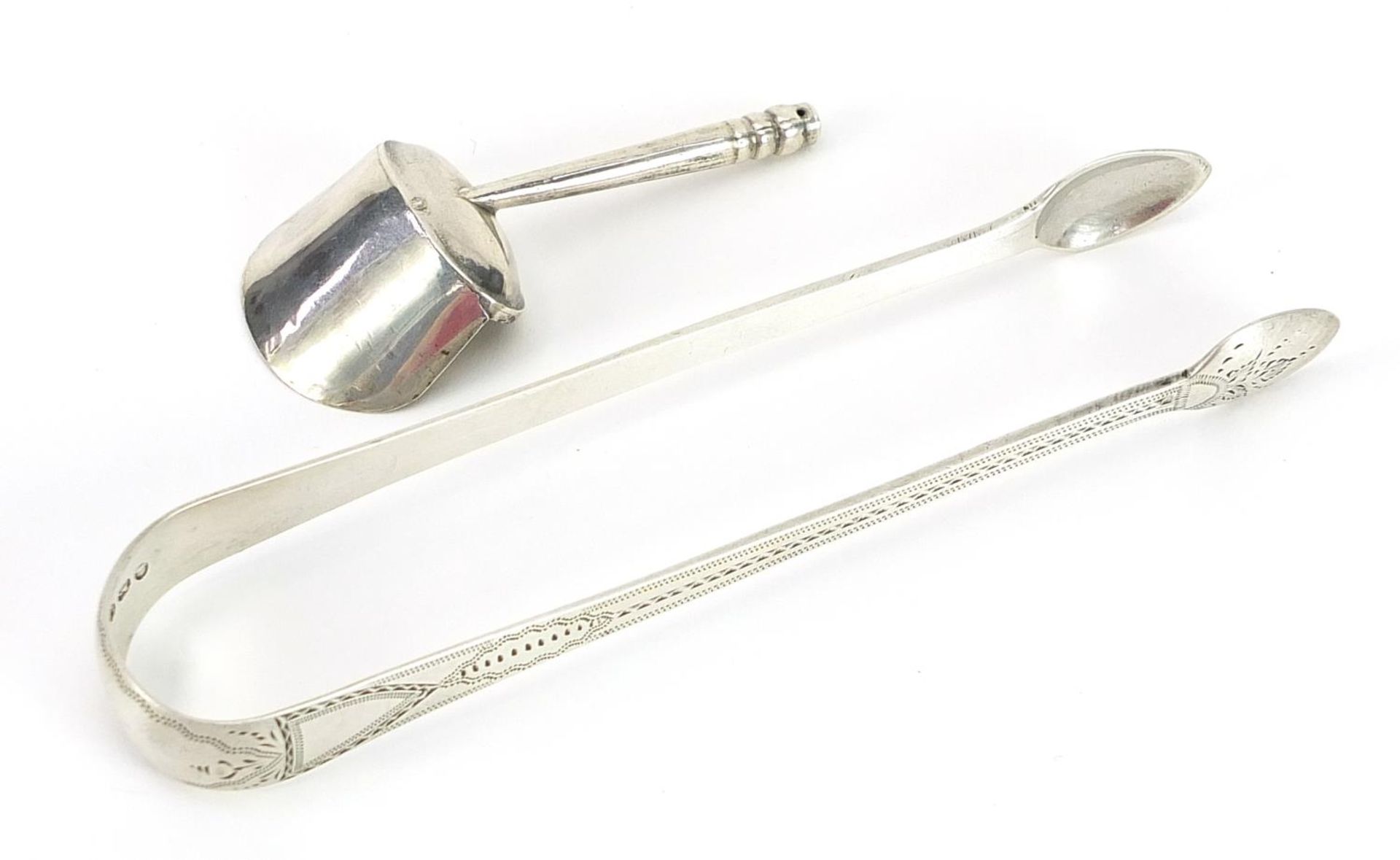 Georgian silver caddy spoon and pair of Georgian silver sugar tongs, both with incomplete hallmarks, - Image 2 of 4