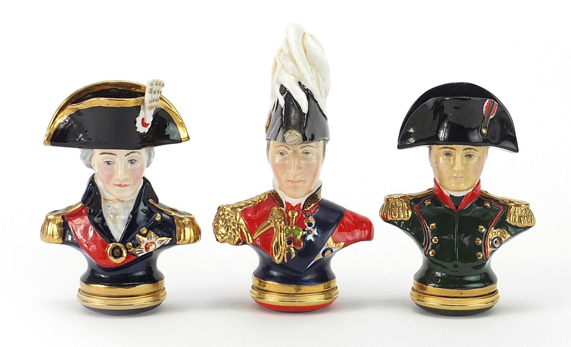 Three Halcyon Days enamelled busts of Duke of Wellington, Napoleon I and Horatio Lord Nelson, two