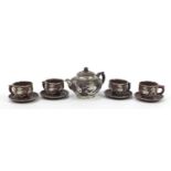 Chinese Yixing terracotta four place tea service with pewter dragon design overlay, various