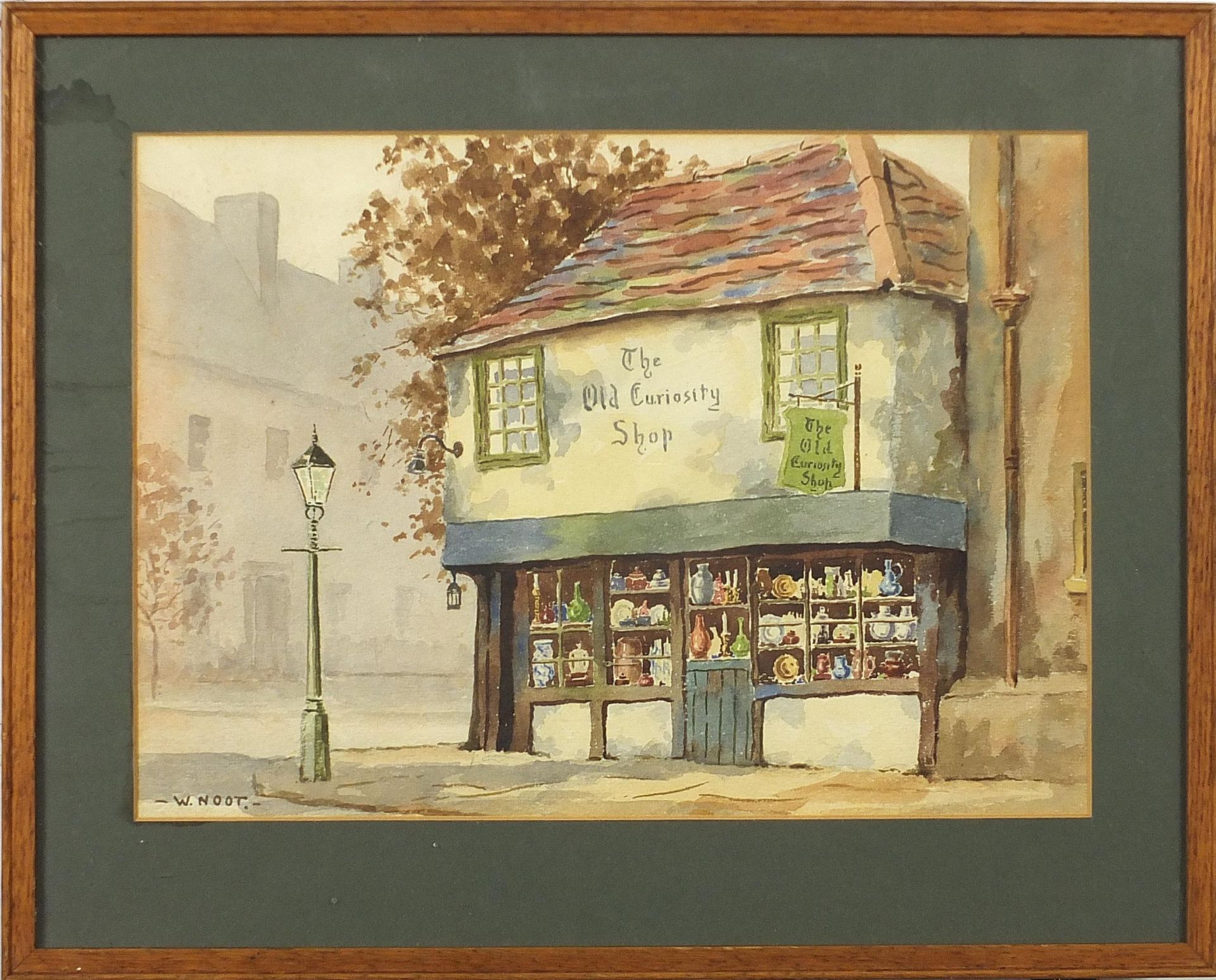 W Noot - The Old Curiosity Shop and Street scene with figures, pair of watercolours, mounted, framed - Bild 3 aus 9