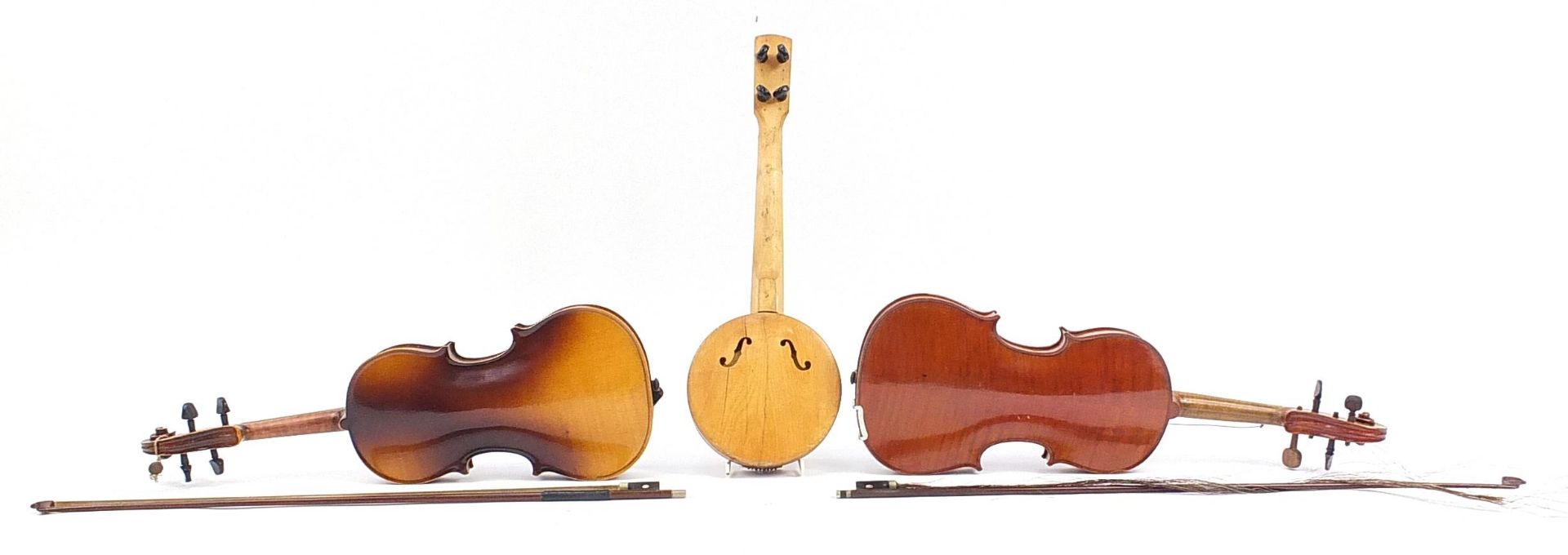 Two old wooden violins with bows and fitted cases and a Marseille banjolele - Image 3 of 5