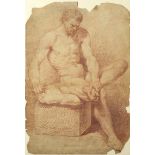 Full length portrait of a nude gentleman removing a thorn from his foot, antique 18th century Old