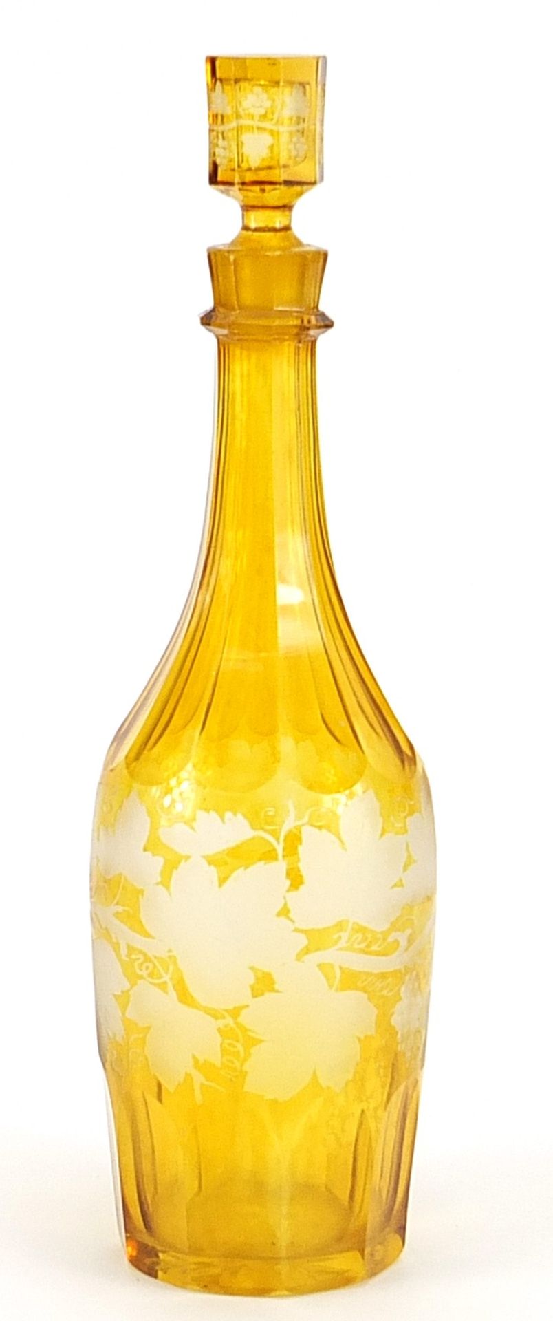 Bohemian amber flashed cut glass decanter etched with leaves, 32cm high - Image 2 of 3