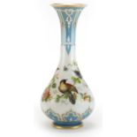 19th century opaline glass vase hand painted with birds amongst flowers, 40cm high