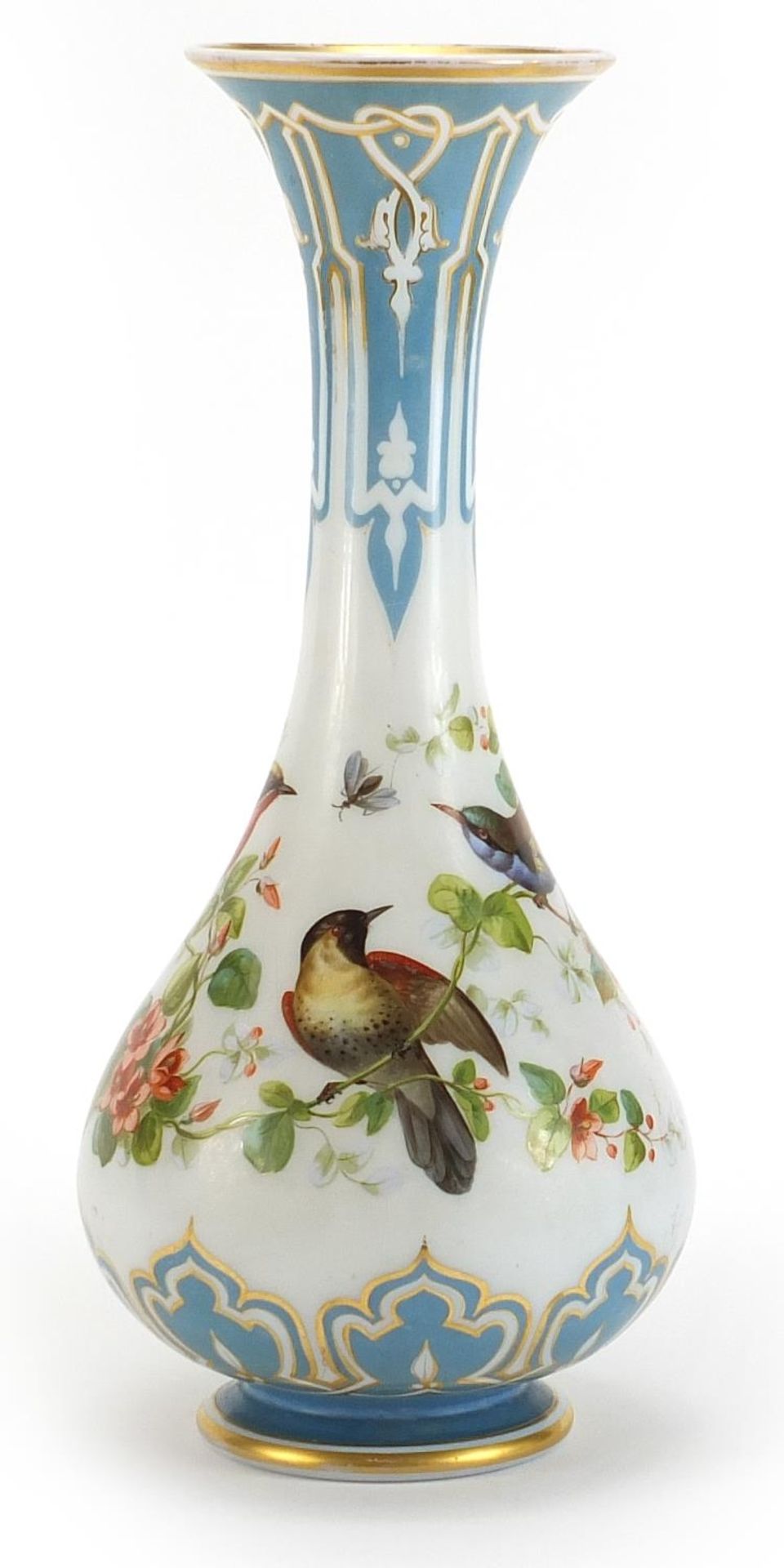 19th century opaline glass vase hand painted with birds amongst flowers, 40cm high