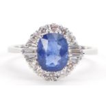 18ct white gold sapphire and diamond cluster ring, the sapphire approximately 2.62 carat, total