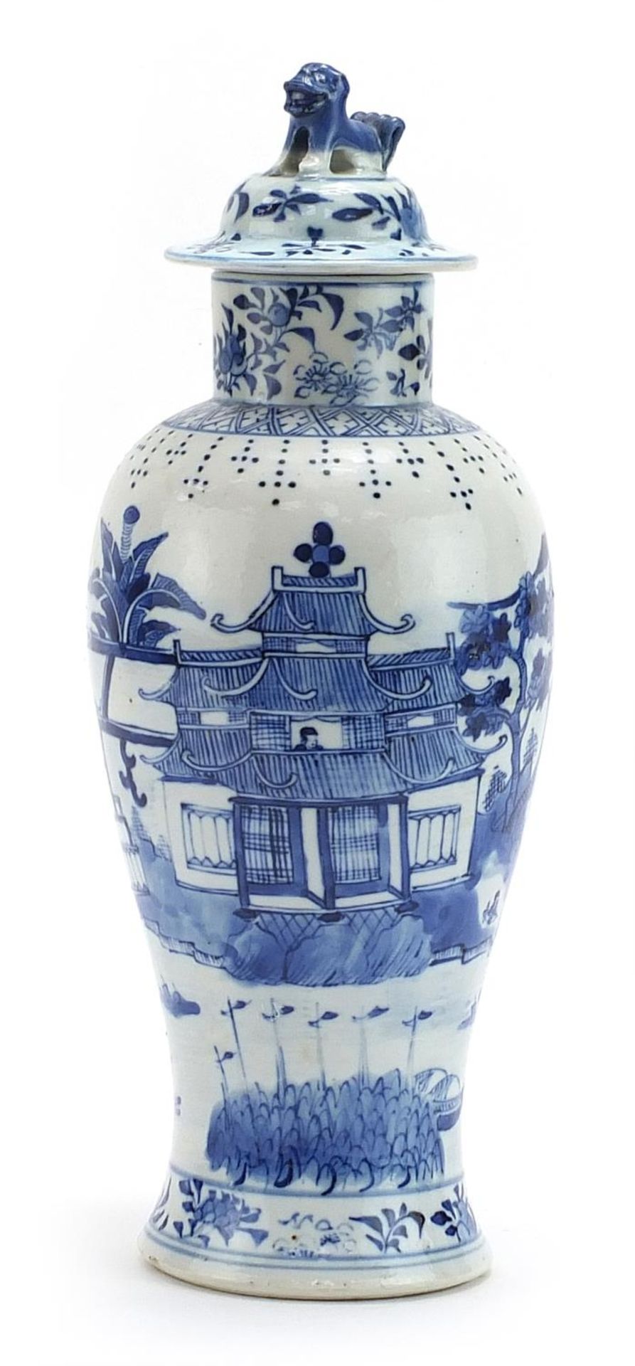 Chinese blue and white porcelain baluster vase and cover hand painted with figures in a palace