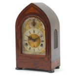 19th century inlaid mahogany arch top bracket clock with Westminster chime, the silvered dial with