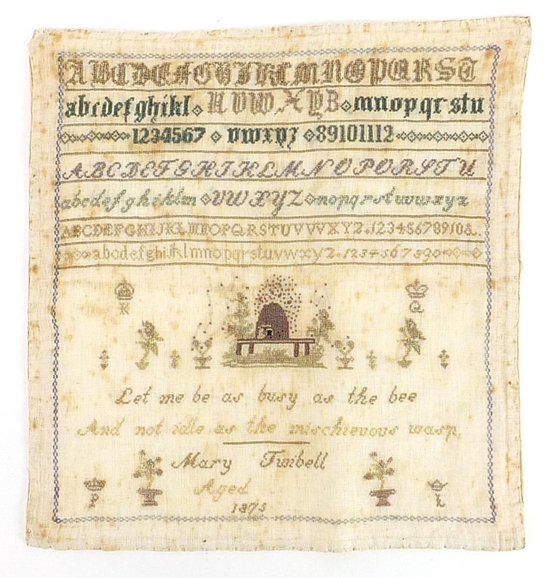 19th century embroidered sampler worked by Mary Tunbell 1875, 24cm x 24cm