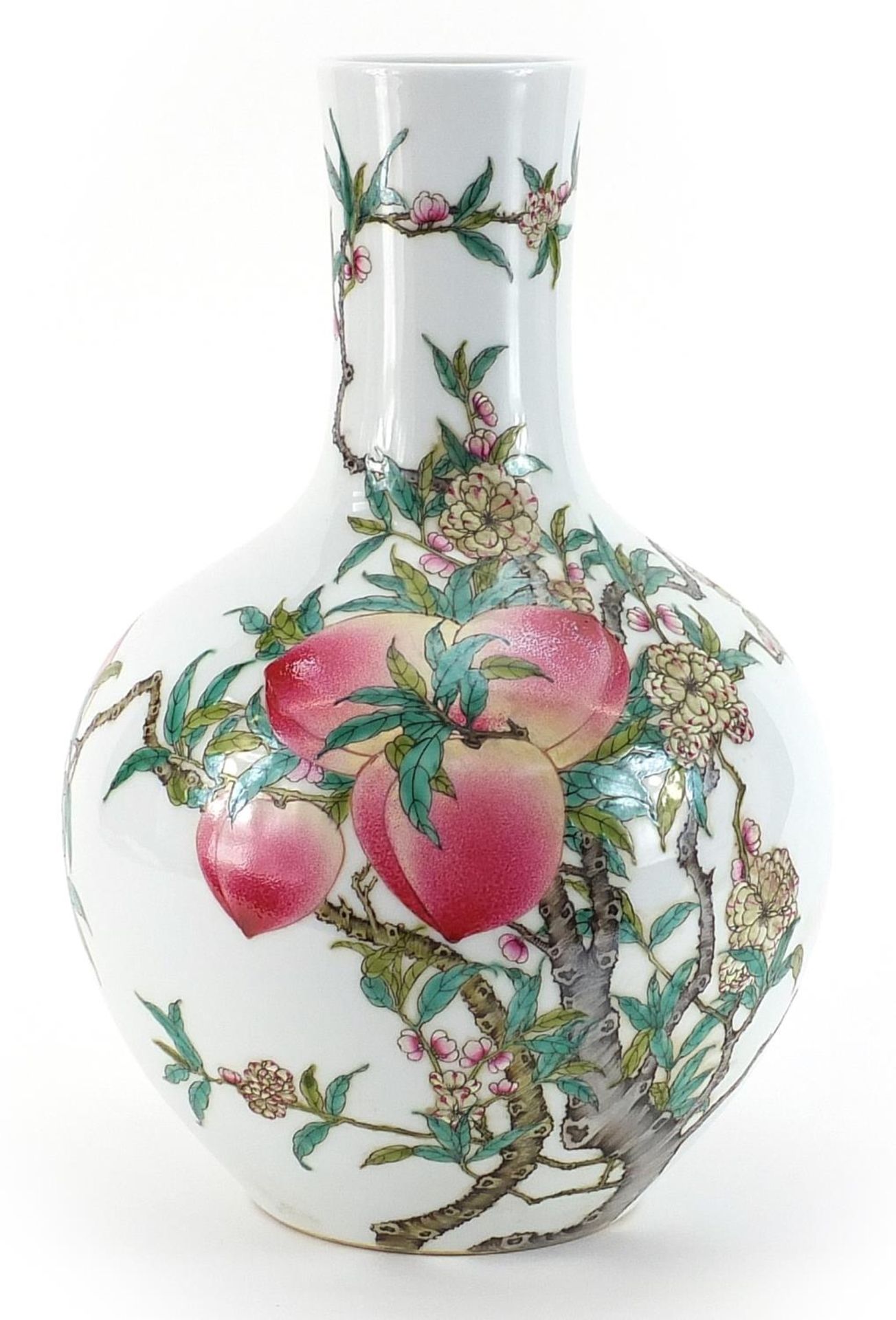 Chinese porcelain vase hand painted with bats amongst peach trees, six figure character marks to the