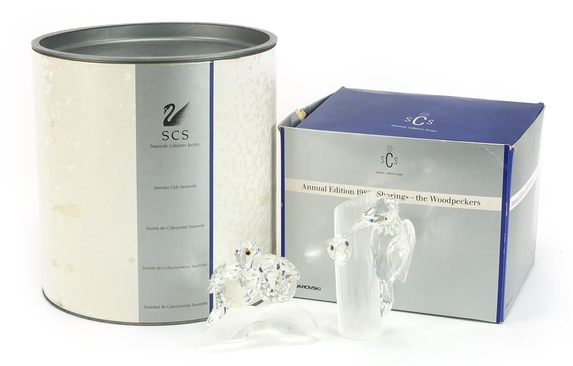 Swarovski Crystal 1988 and 1989 Annual Edition turtle doves and woodpeckers with boxes, the