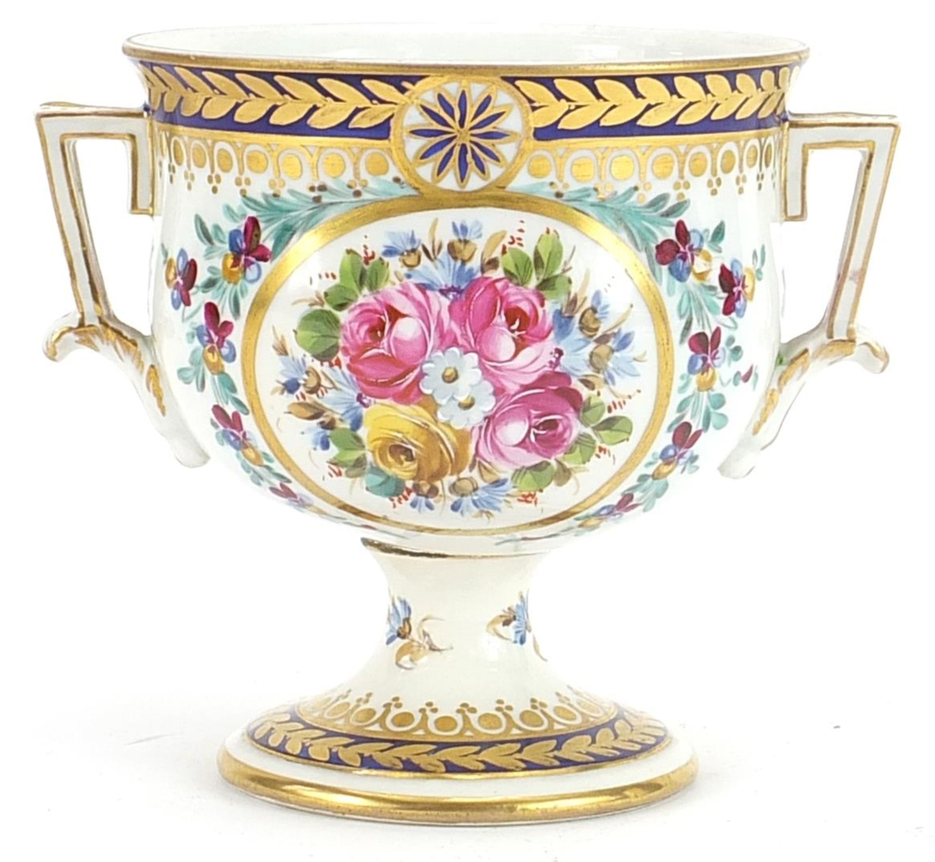 Dresden, German porcelain pedestal cup with twin handles hand painted and gilded with flowers, 11. - Bild 2 aus 4