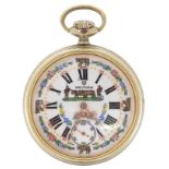 Gentlemen's open face pocket watch, the enamelled dial inscribed Waltham, decorated with cattle,