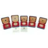 Five commemorative 1977 silver proof coins with cases including Bailiwick of Guernsey Royal Visit