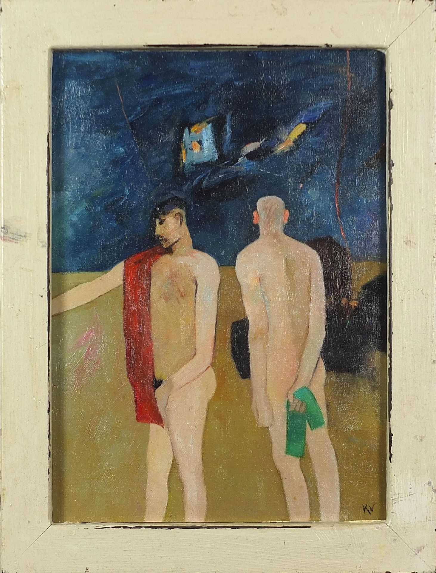 Manner of Keith Vaughan - Two nude males, oil on board, framed, 40cm x 29cm excluding the frame - Bild 2 aus 4