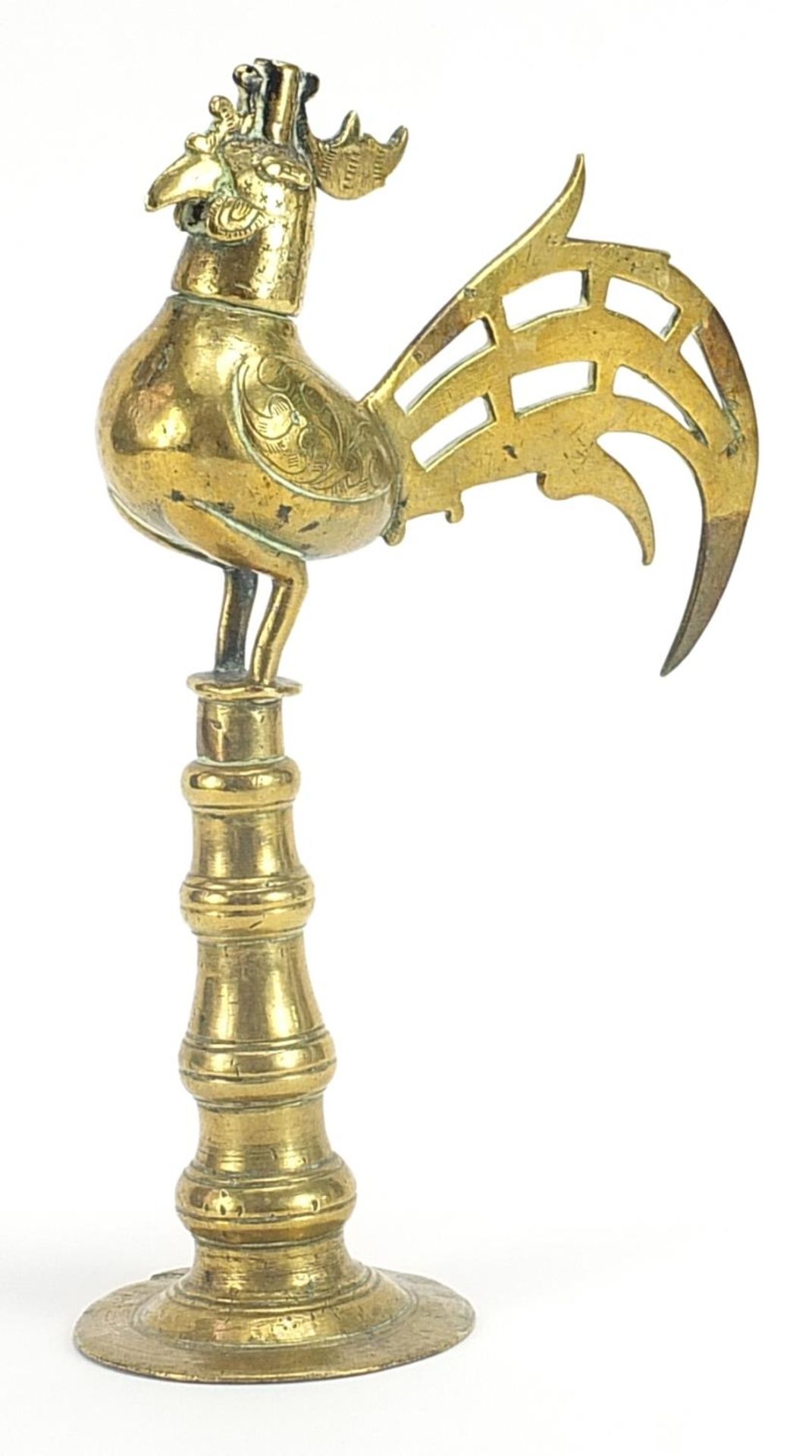 Antique Islamic brass model of a cockerel, 25.5cm high
