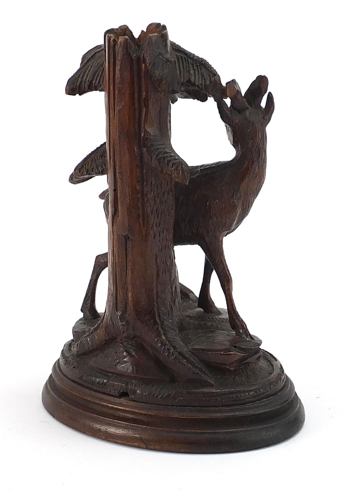Carved Black Forest spill vase in the form of a deer beside a trunk, 21cm high - Image 2 of 3
