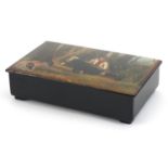 19th century Russian lacquered box hand painted with bird catchers in a forest after a painting by