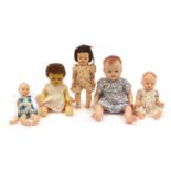 Five vintage dolls including three Rosebud examples, the largest 49cm high