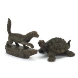 Japanese patinated bronze tortoise and weasel, impressed marks to the base of each, the largest