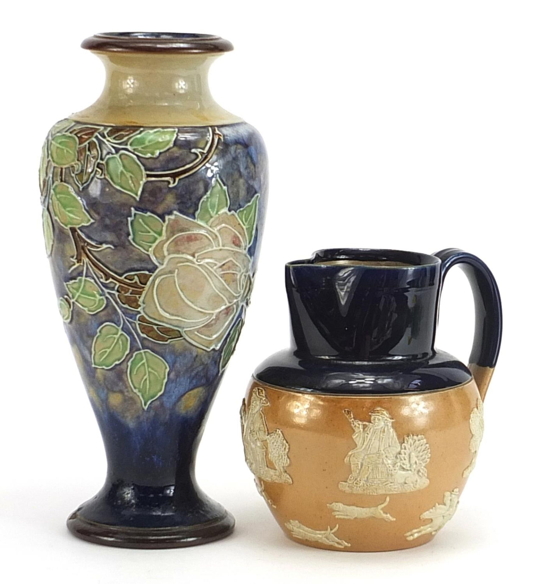 Royal Doulton baluster vase hand painted with stylised flowers and a hunting jug, the largest 29cm