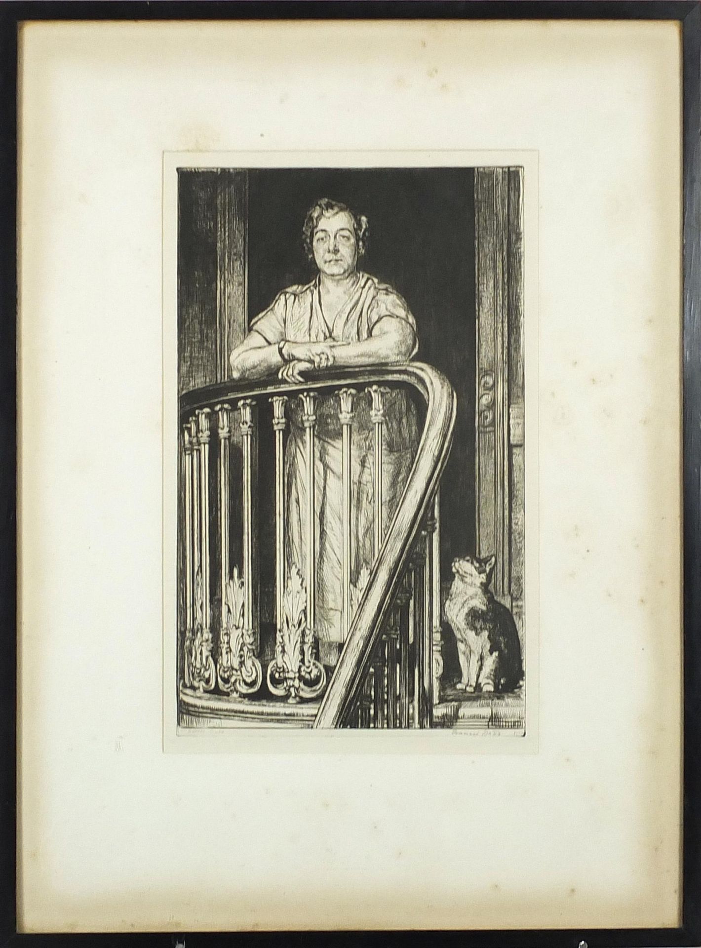 Francis H Dodd - Female at a banister with cat, pencil signed etching, J Laurence & Co, Liverpool - Image 2 of 6