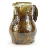Jim Malone for Burnby, studio pottery jug with relief decoration and impressed marks, 17cm high