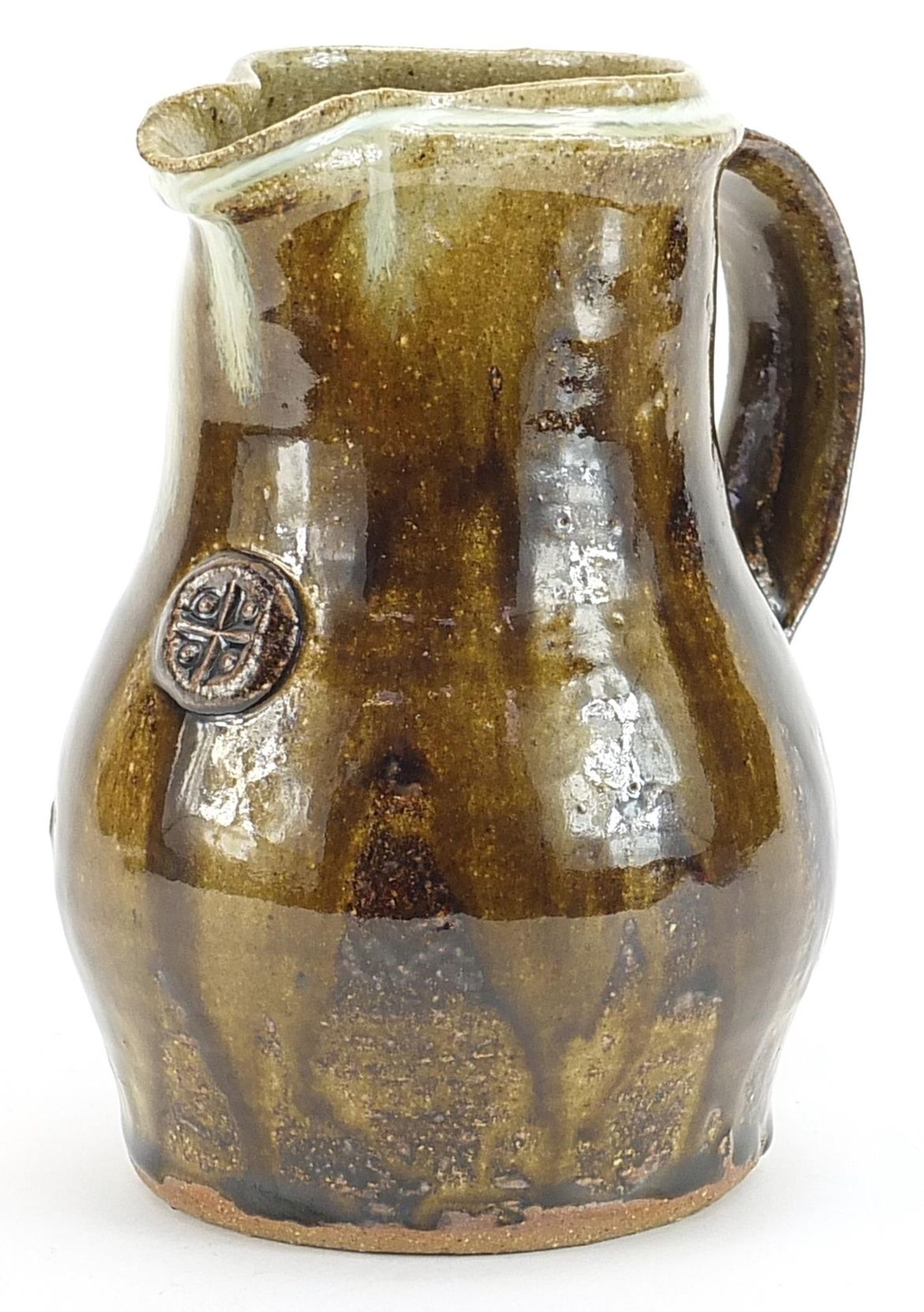 Jim Malone for Burnby, studio pottery jug with relief decoration and impressed marks, 17cm high