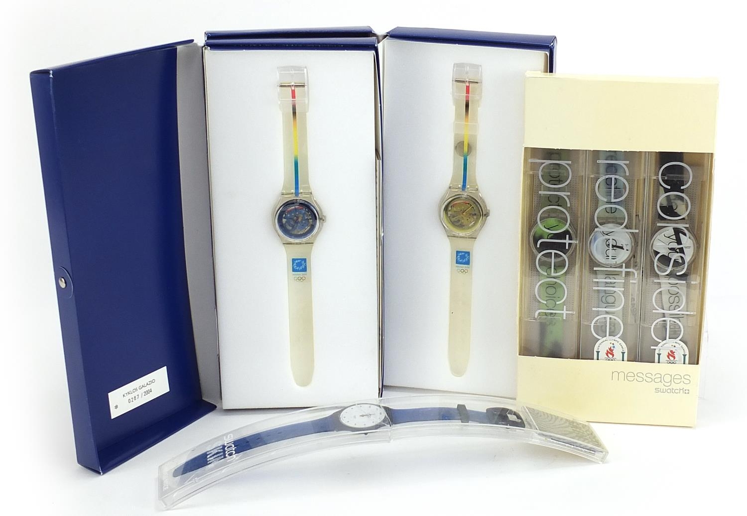 Swatch, six Swatch Collector's Club Olympic wristwatches with boxes and cases