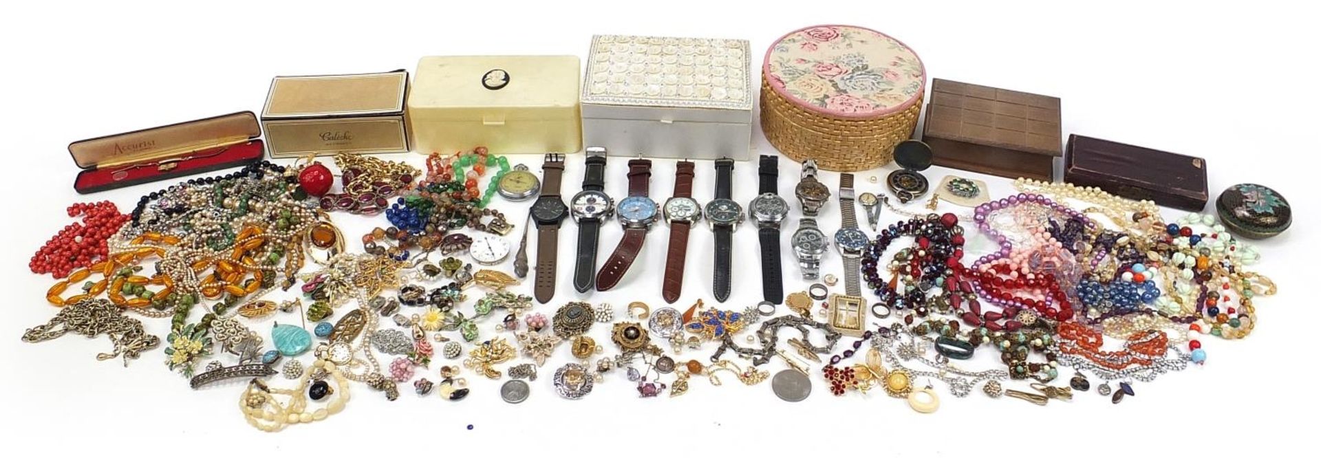 Vintage and later costume jewellery and wristwatches including necklaces, brooches, earrings and