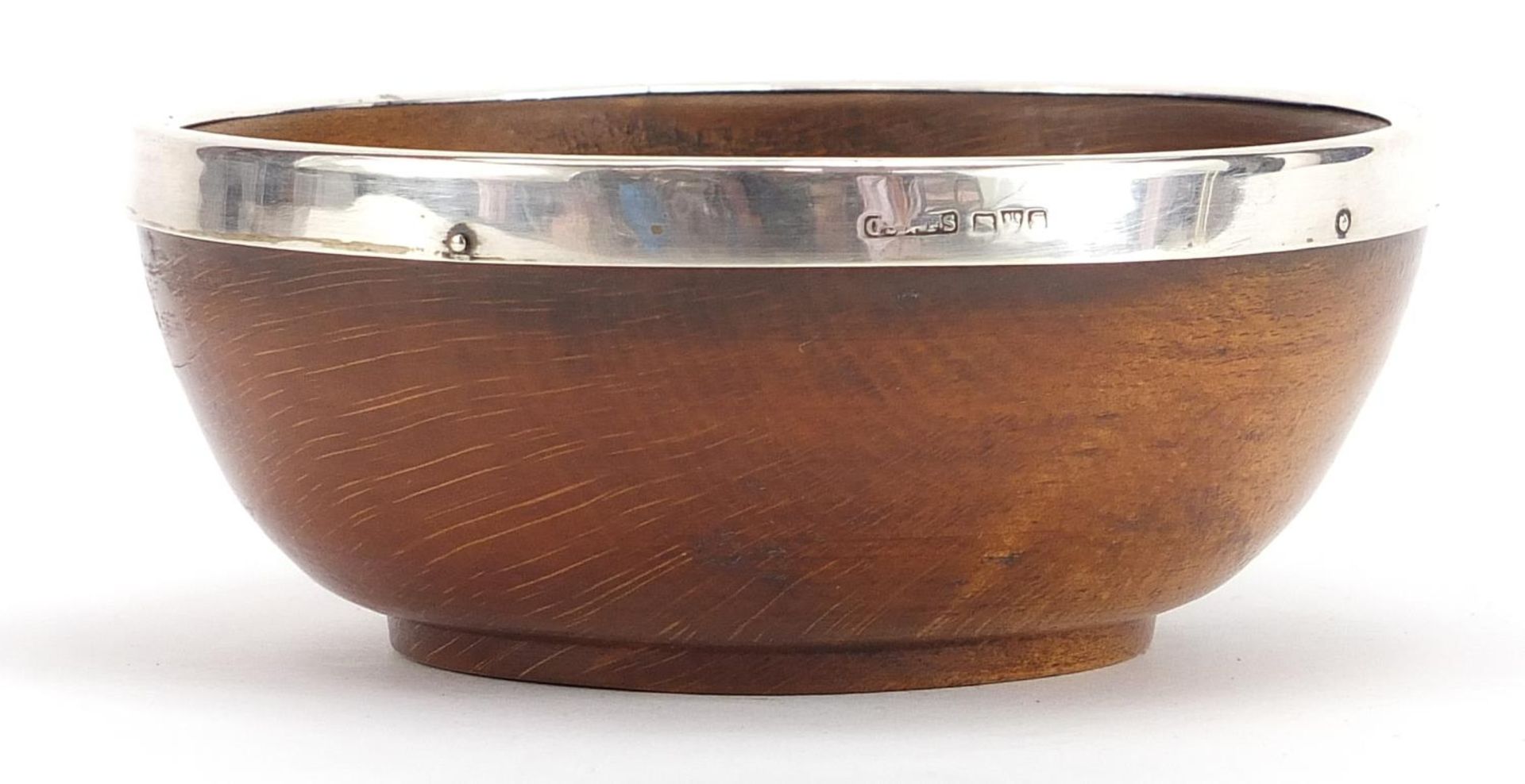 Treen bowl with silver rim, indistinctly hallmarked Chester, 13.5cm in diameter - Image 2 of 4
