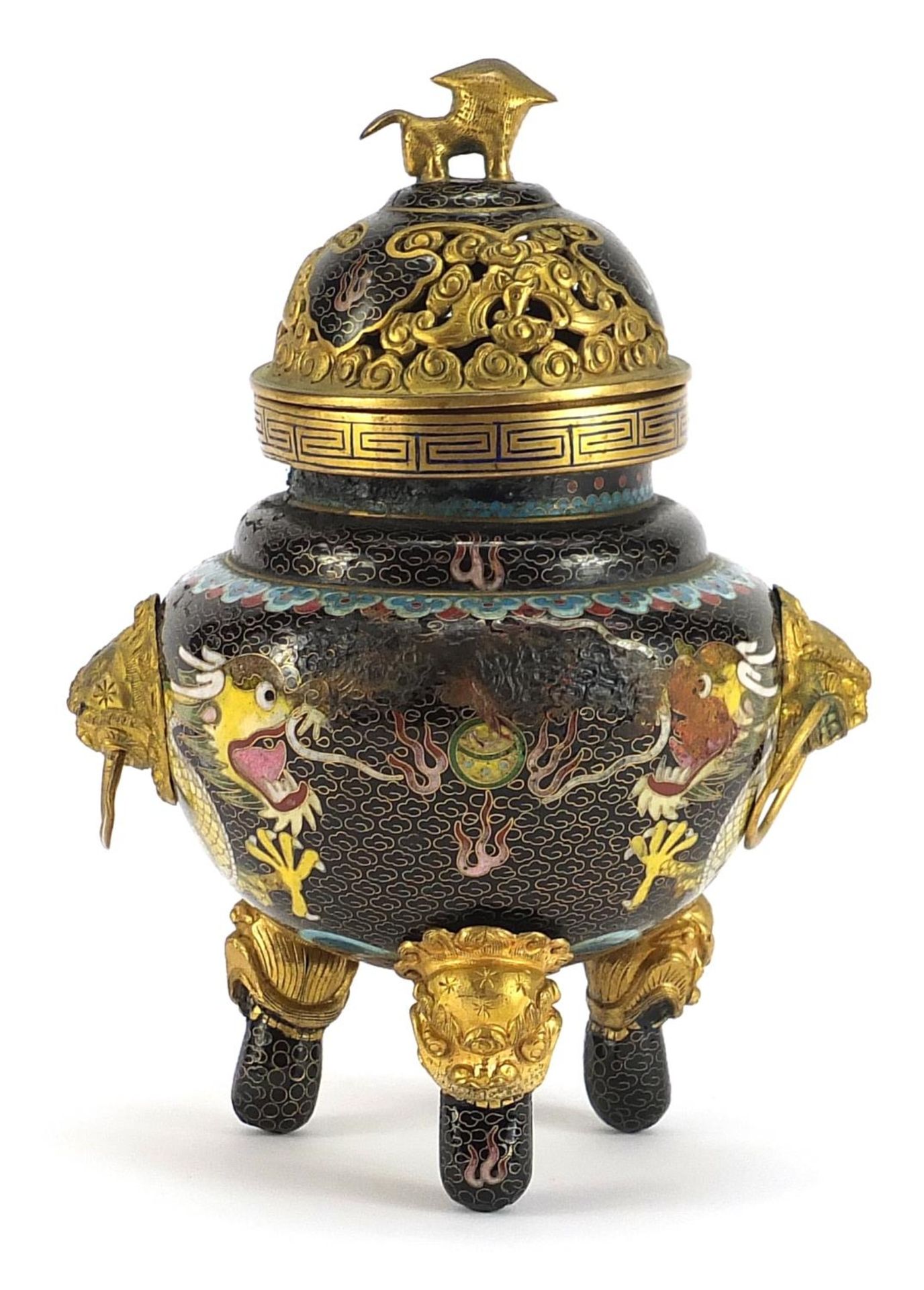 Chinese cloisonne tripod incense burner with pierced lid and ring turned handles enamelled with - Image 2 of 3