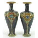 Francis Pope, pair of Art Nouveau Royal Doulton stoneware vases hand painted and incised with