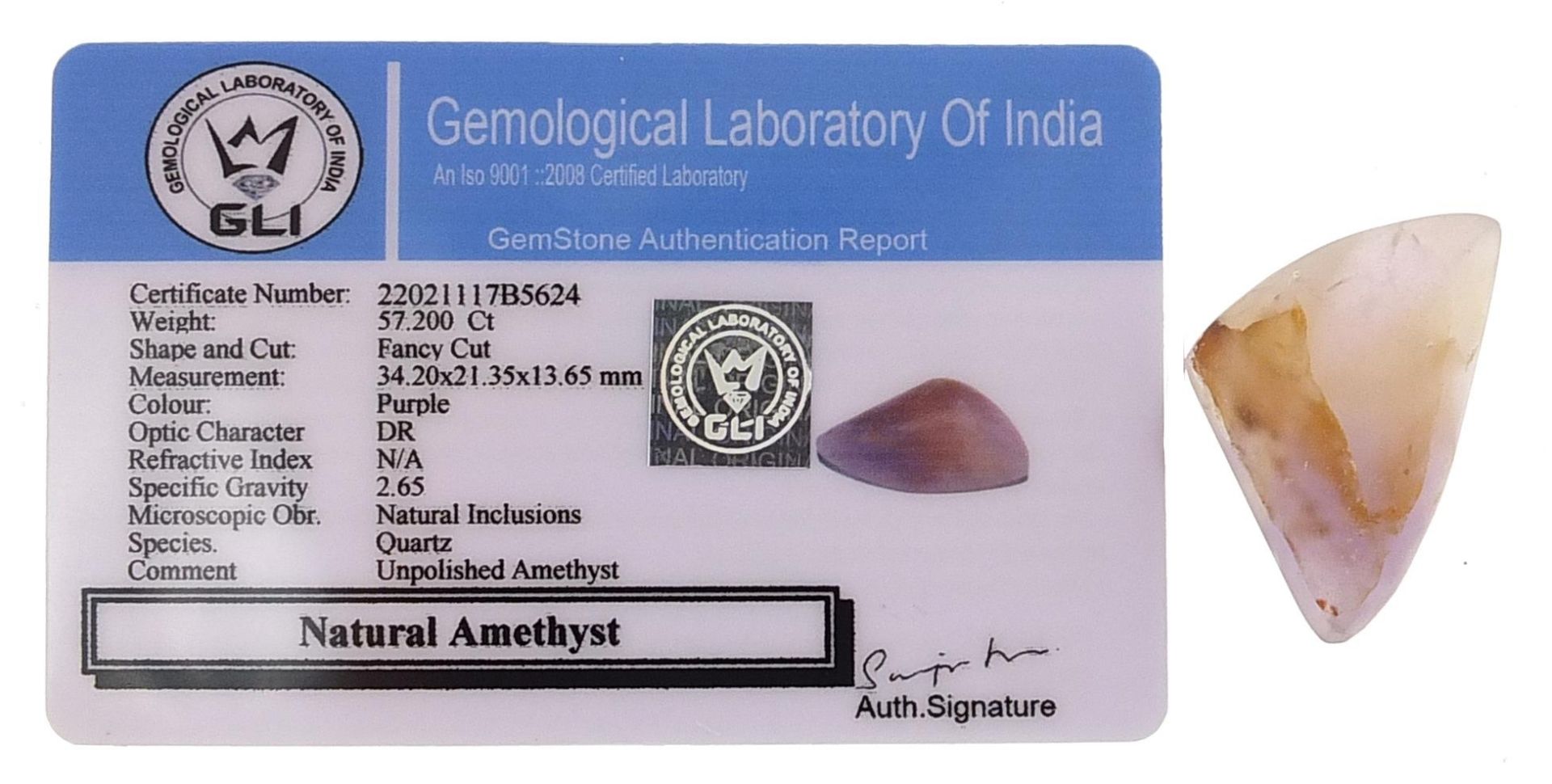 Fancy cut amethyst gemstone with certificate, approximately 57.200 carat - Image 3 of 3